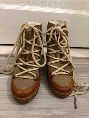 Isabel Marant Nowles Tan & Cream Lace-Up Shearling Winter Boots